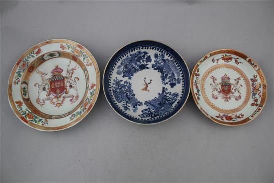 A Chinese export armorial bowl and similar saucer dish, c.1720 and a Chinese export armorial blue and white saucer dish, c.1790, 14.5cm